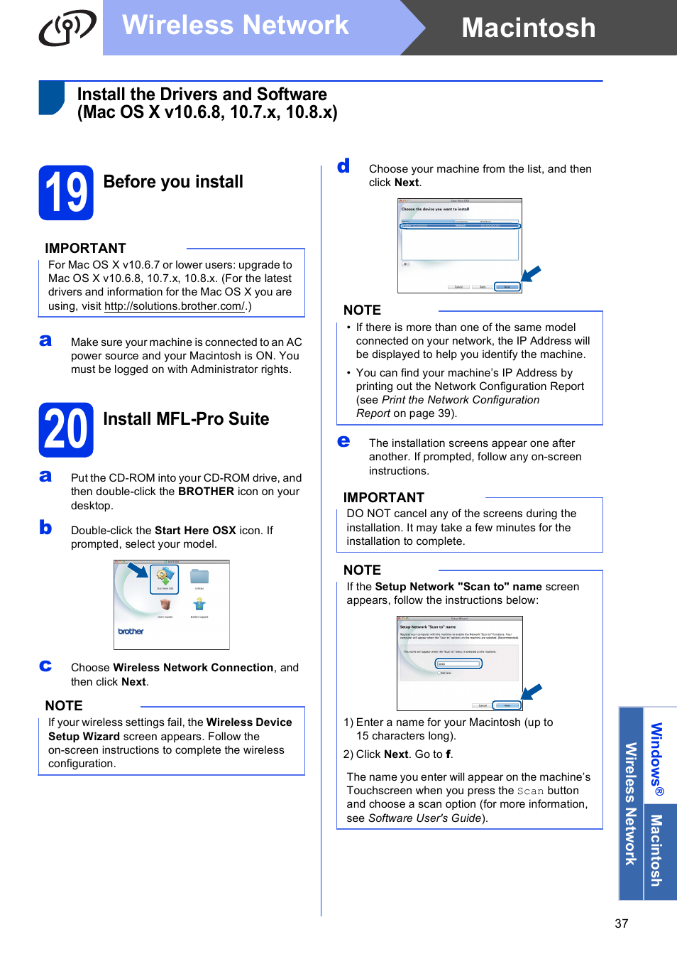 19 before you install, 20 install mfl-pro suite, Macintosh | Wireless network | Brother MFC-9330CDW User Manual | Page 37 / 42