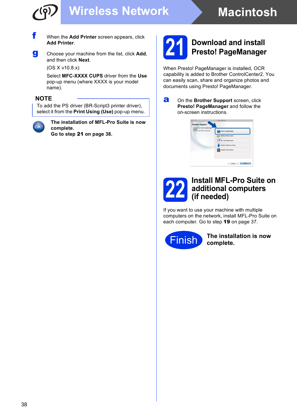 Macintosh, Wireless network, Finish | Brother MFC-9330CDW User Manual | Page 38 / 42