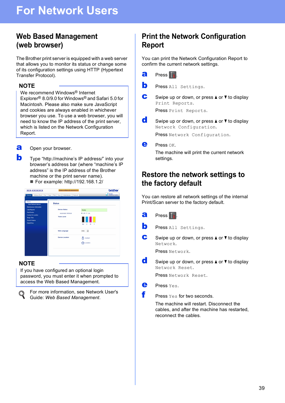 For network users, Web based management (web browser), Print the network configuration report | Brother MFC-9330CDW User Manual | Page 39 / 42