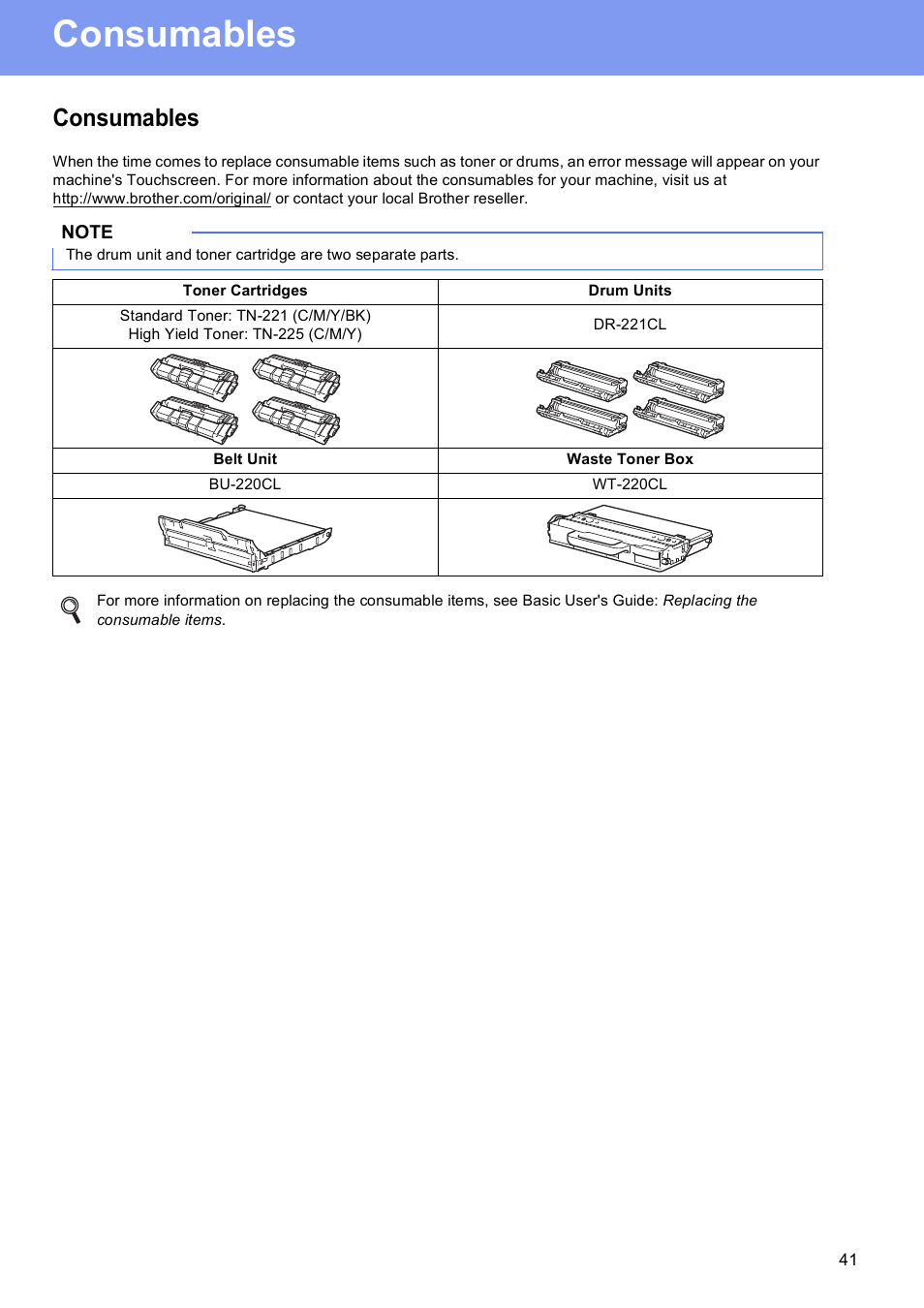 Consumables | Brother MFC-9330CDW User Manual | Page 41 / 42