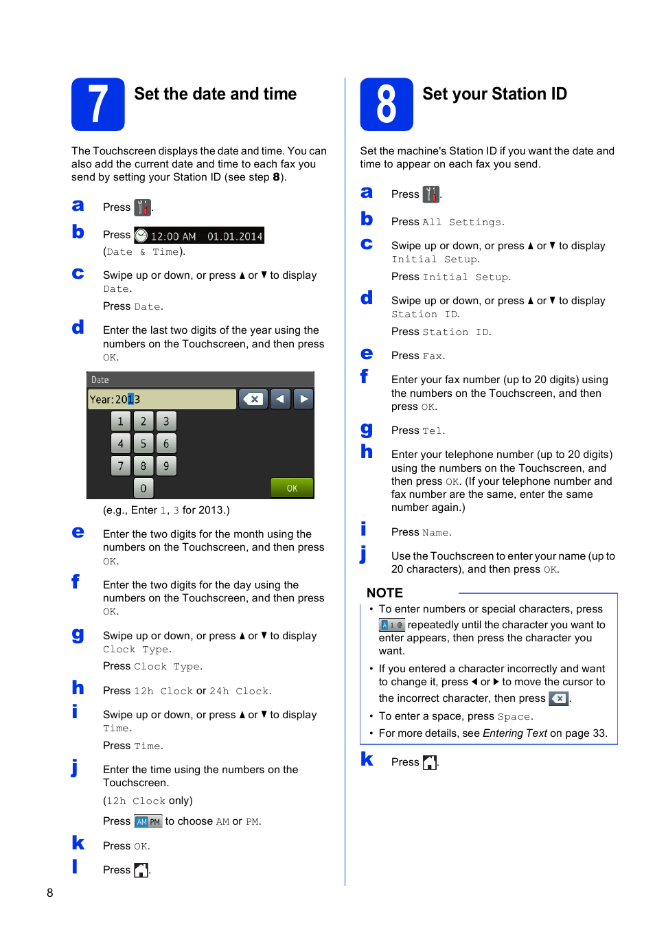 7 set the date and time, 8 set your station id | Brother MFC-9330CDW User Manual | Page 8 / 42