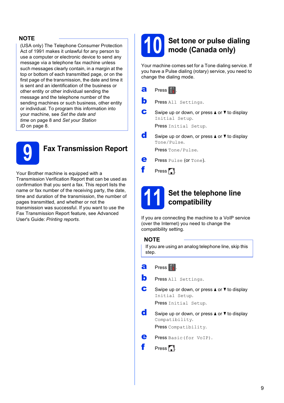 9 fax transmission report, 10 set tone or pulse dialing mode (canada only), 11 set the telephone line compatibility | Brother MFC-9330CDW User Manual | Page 9 / 42