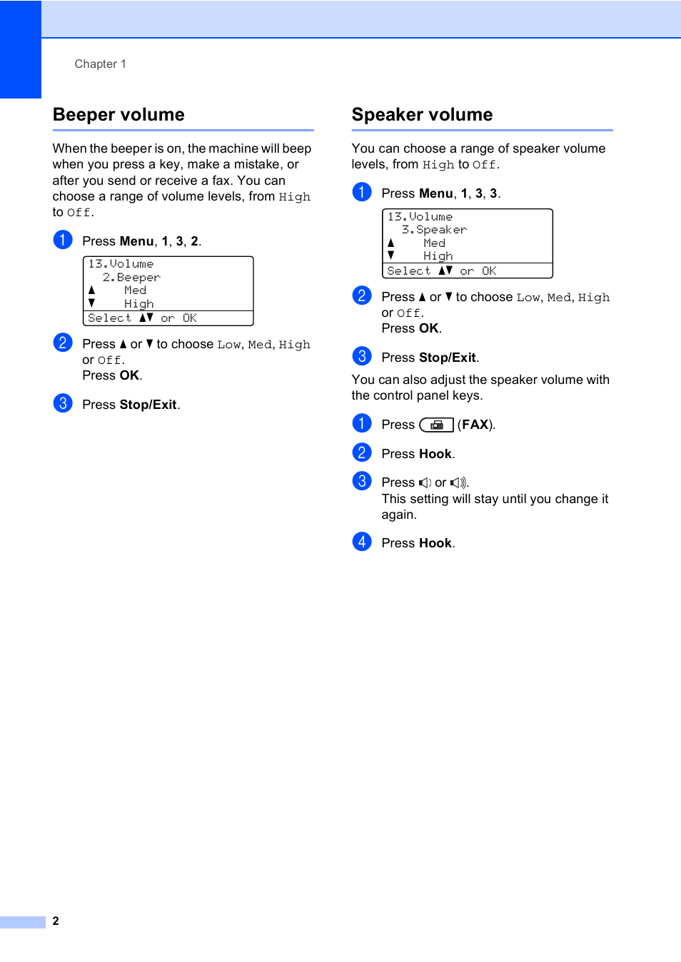 Beeper volume, Speaker volume, Beeper volume speaker volume | Brother MFC-8710DW User Manual | Page 10 / 93