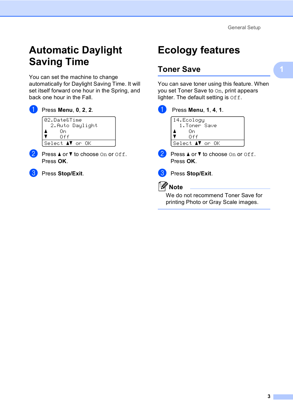 Automatic daylight saving time, Ecology features, Toner save | Automatic daylight saving time ecology features | Brother MFC-8710DW User Manual | Page 11 / 93