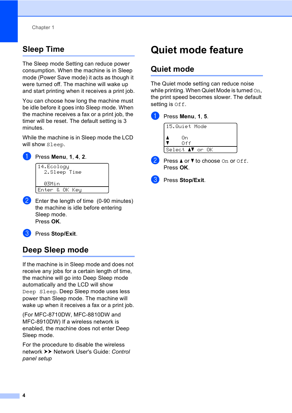 Sleep time, Deep sleep mode, Quiet mode feature | Quiet mode, Sleep time deep sleep mode | Brother MFC-8710DW User Manual | Page 12 / 93