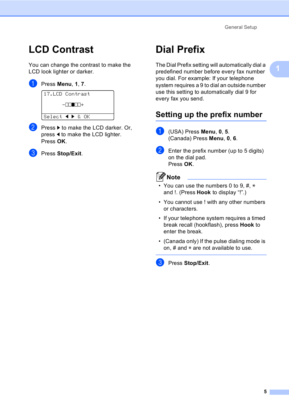 Lcd contrast, Dial prefix, Setting up the prefix number | Lcd contrast dial prefix | Brother MFC-8710DW User Manual | Page 13 / 93