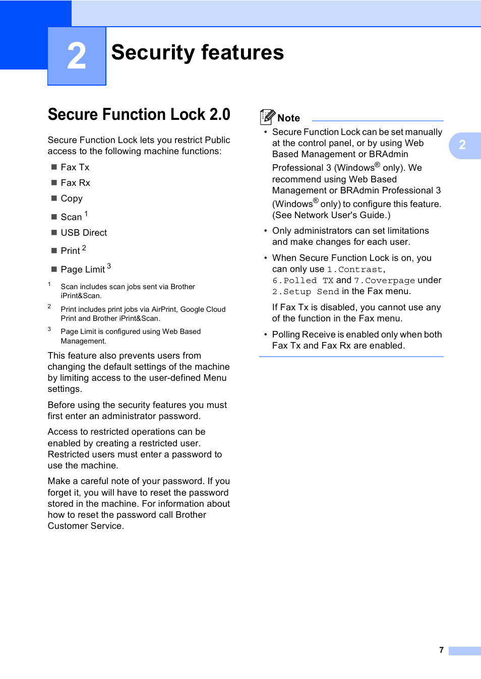 2 security features, Secure function lock 2.0, Security features | Brother MFC-8710DW User Manual | Page 15 / 93