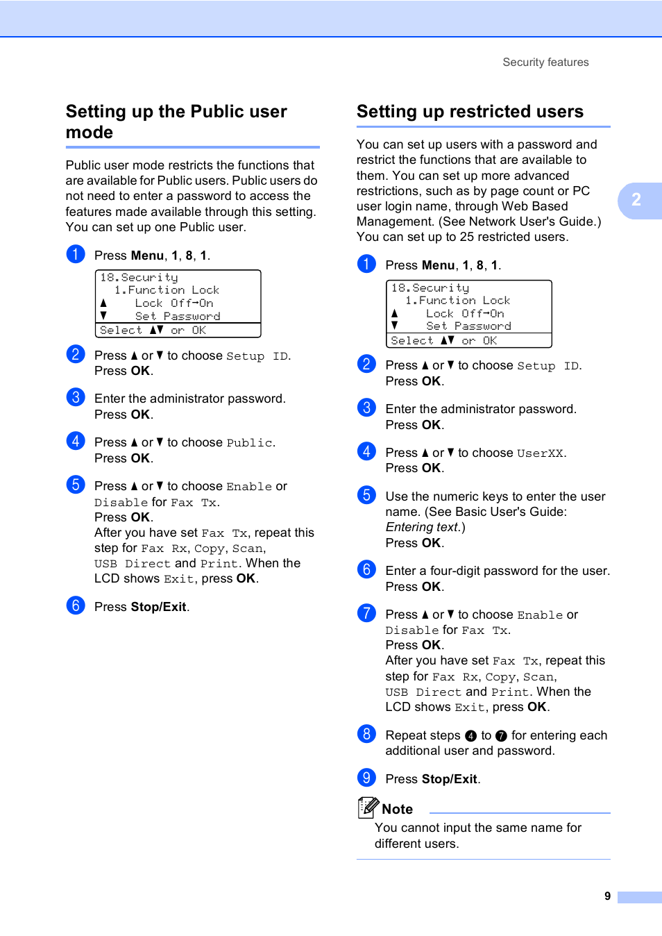 Setting up the public user mode, Setting up restricted users, 2setting up the public user mode | Brother MFC-8710DW User Manual | Page 17 / 93