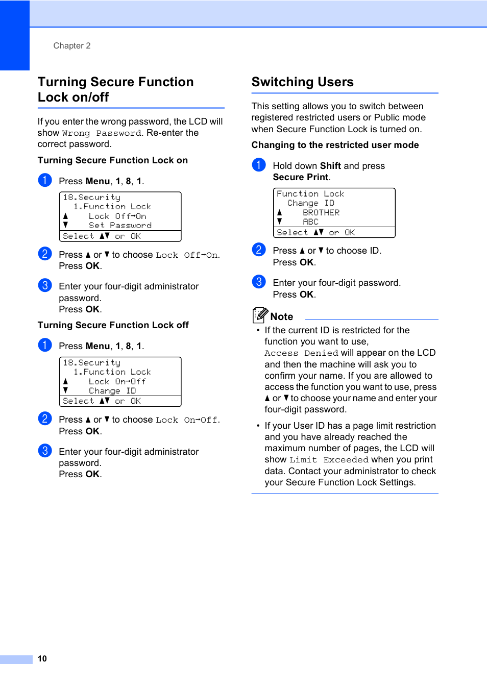 Turning secure function lock on/off, Switching users | Brother MFC-8710DW User Manual | Page 18 / 93