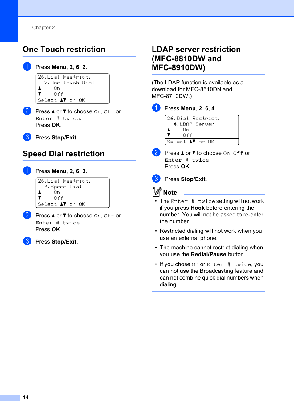 One touch restriction, Speed dial restriction | Brother MFC-8710DW User Manual | Page 22 / 93