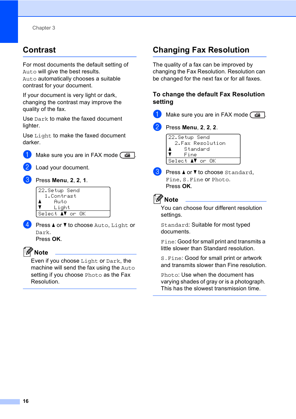 Contrast, Changing fax resolution, To change the default fax resolution setting | Contrast changing fax resolution | Brother MFC-8710DW User Manual | Page 24 / 93