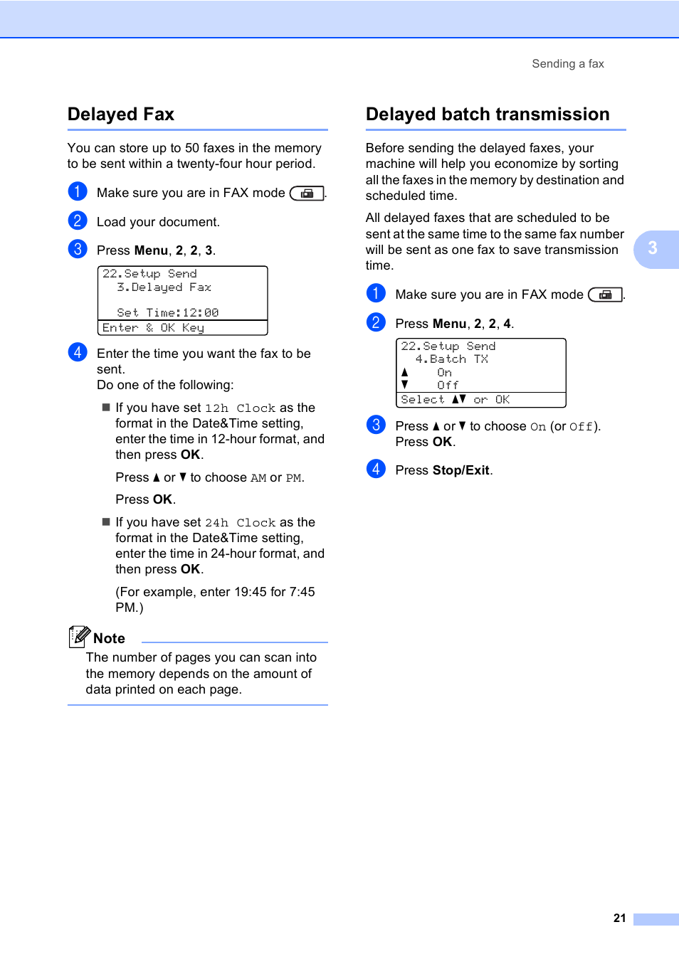 Delayed fax, Delayed batch transmission, Delayed fax delayed batch transmission | 3delayed fax | Brother MFC-8710DW User Manual | Page 29 / 93