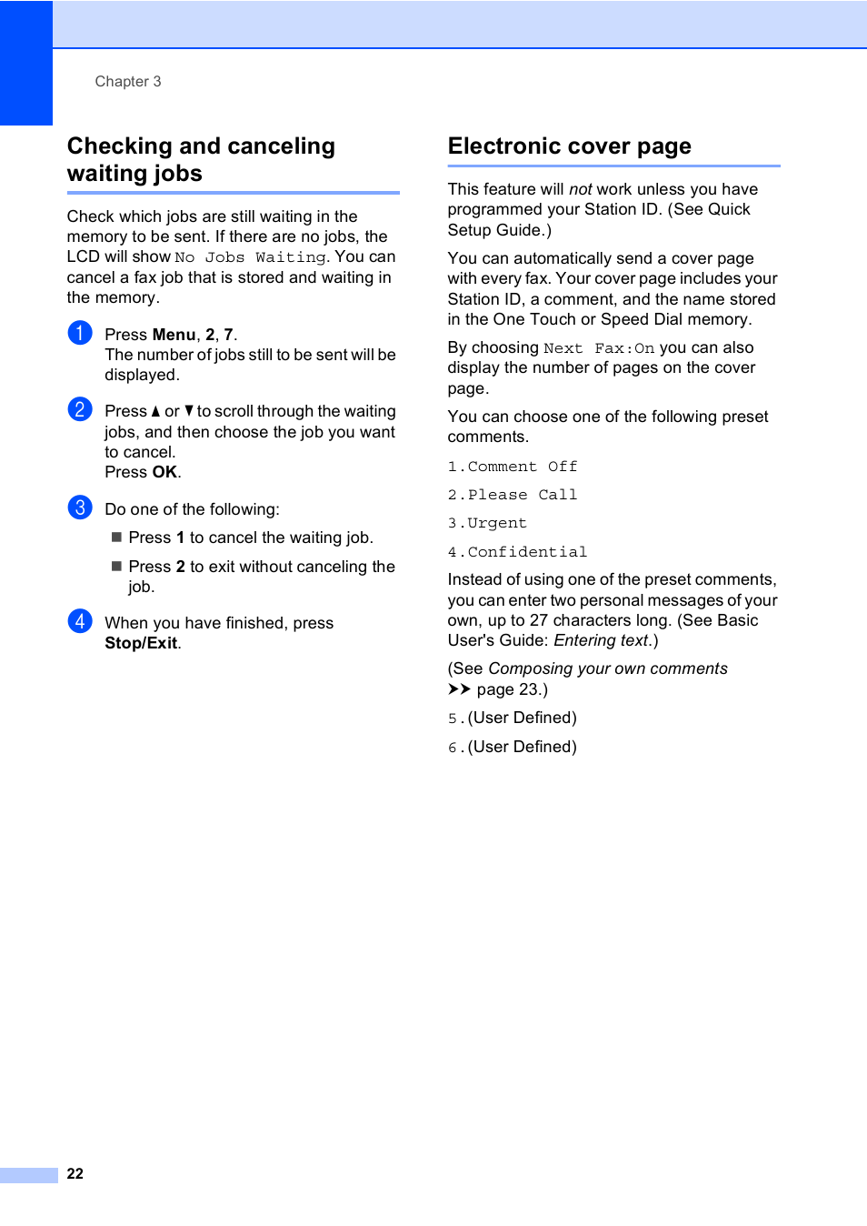 Checking and canceling waiting jobs, Electronic cover page | Brother MFC-8710DW User Manual | Page 30 / 93