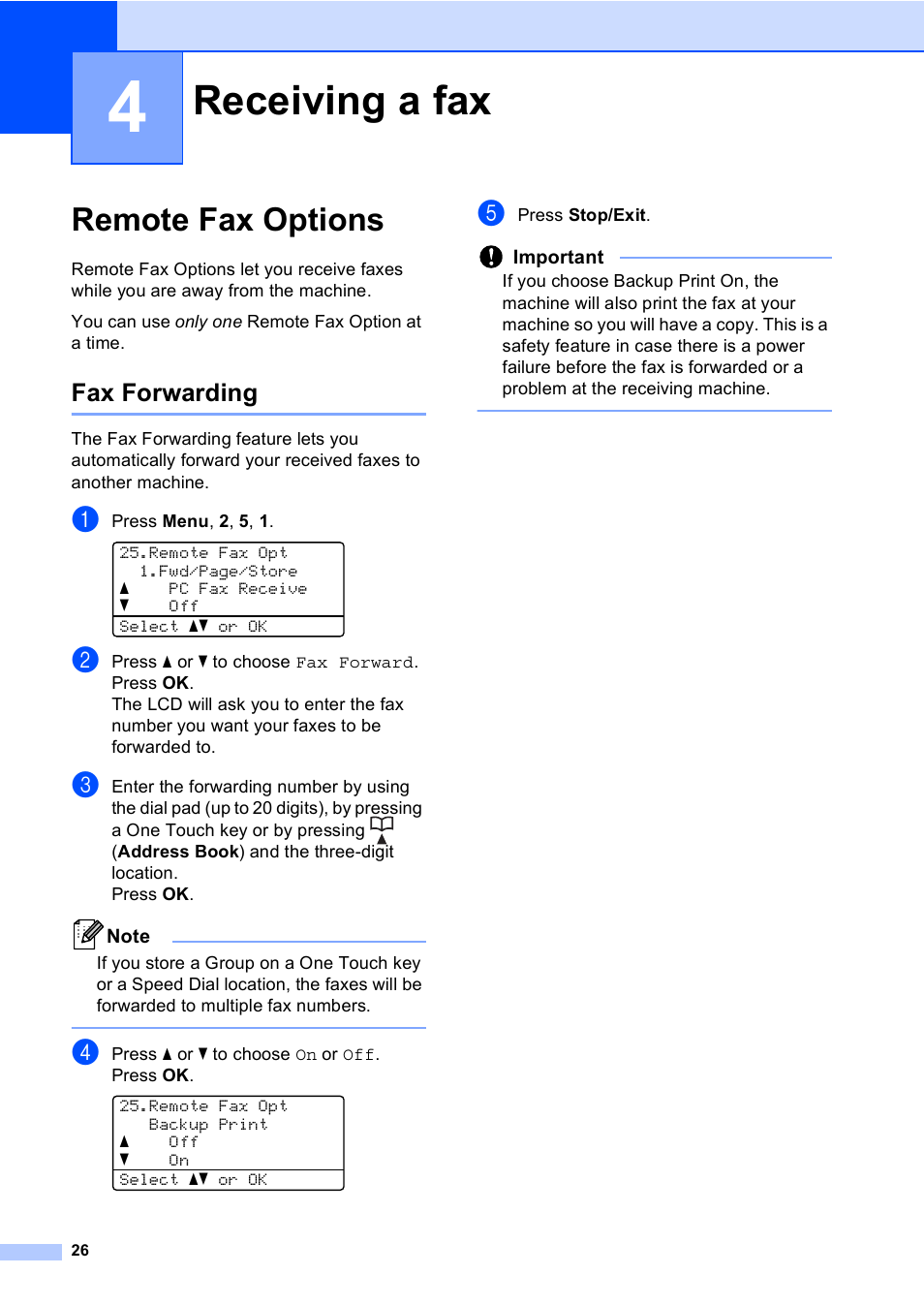 4 receiving a fax, Remote fax options, Fax forwarding | Receiving a fax | Brother MFC-8710DW User Manual | Page 34 / 93