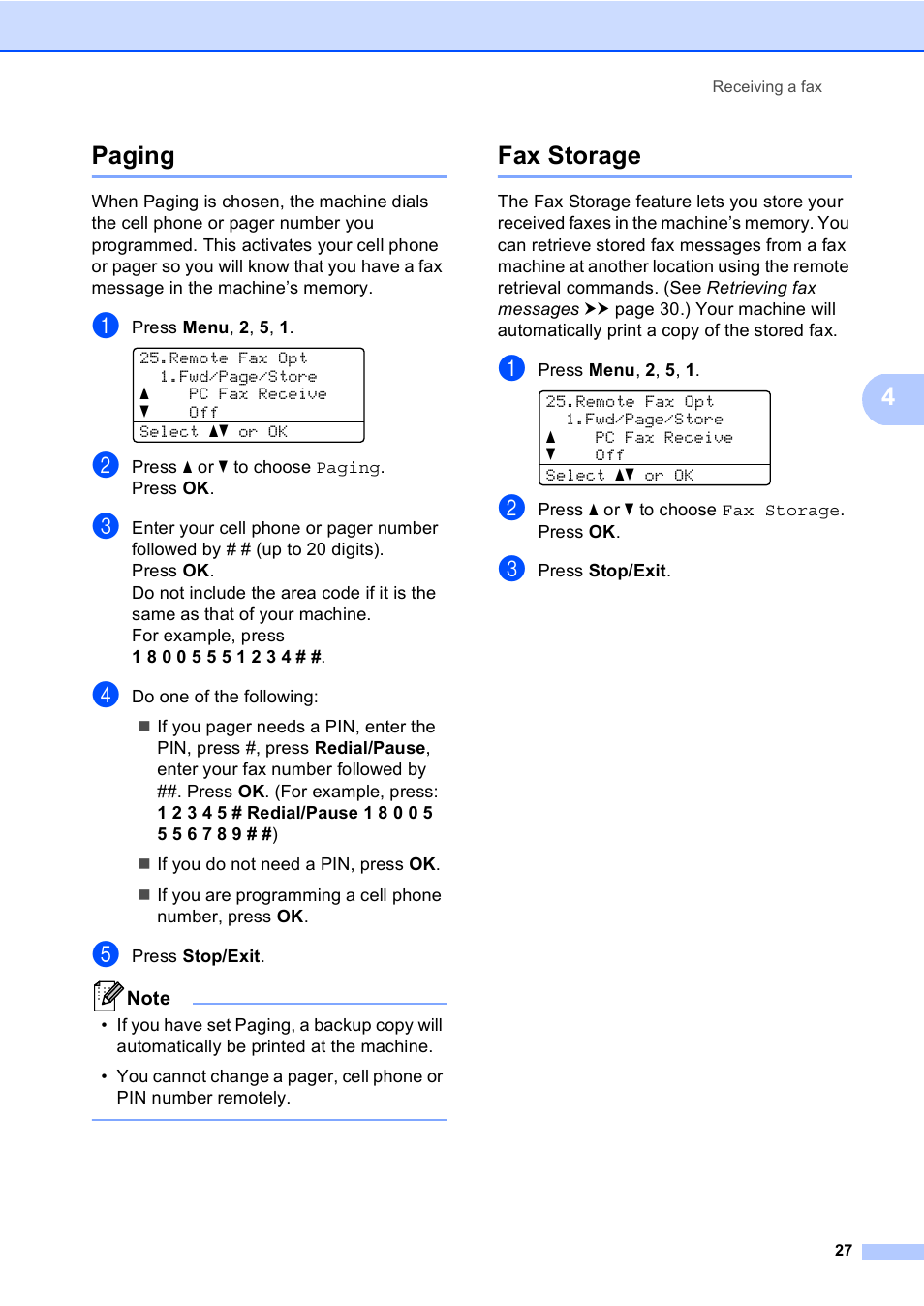 Paging, Fax storage, Paging fax storage | 4paging | Brother MFC-8710DW User Manual | Page 35 / 93
