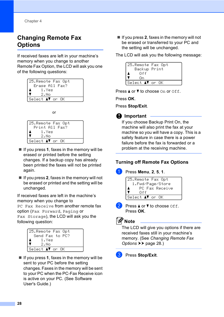 Changing remote fax options, Turning off remote fax options | Brother MFC-8710DW User Manual | Page 36 / 93