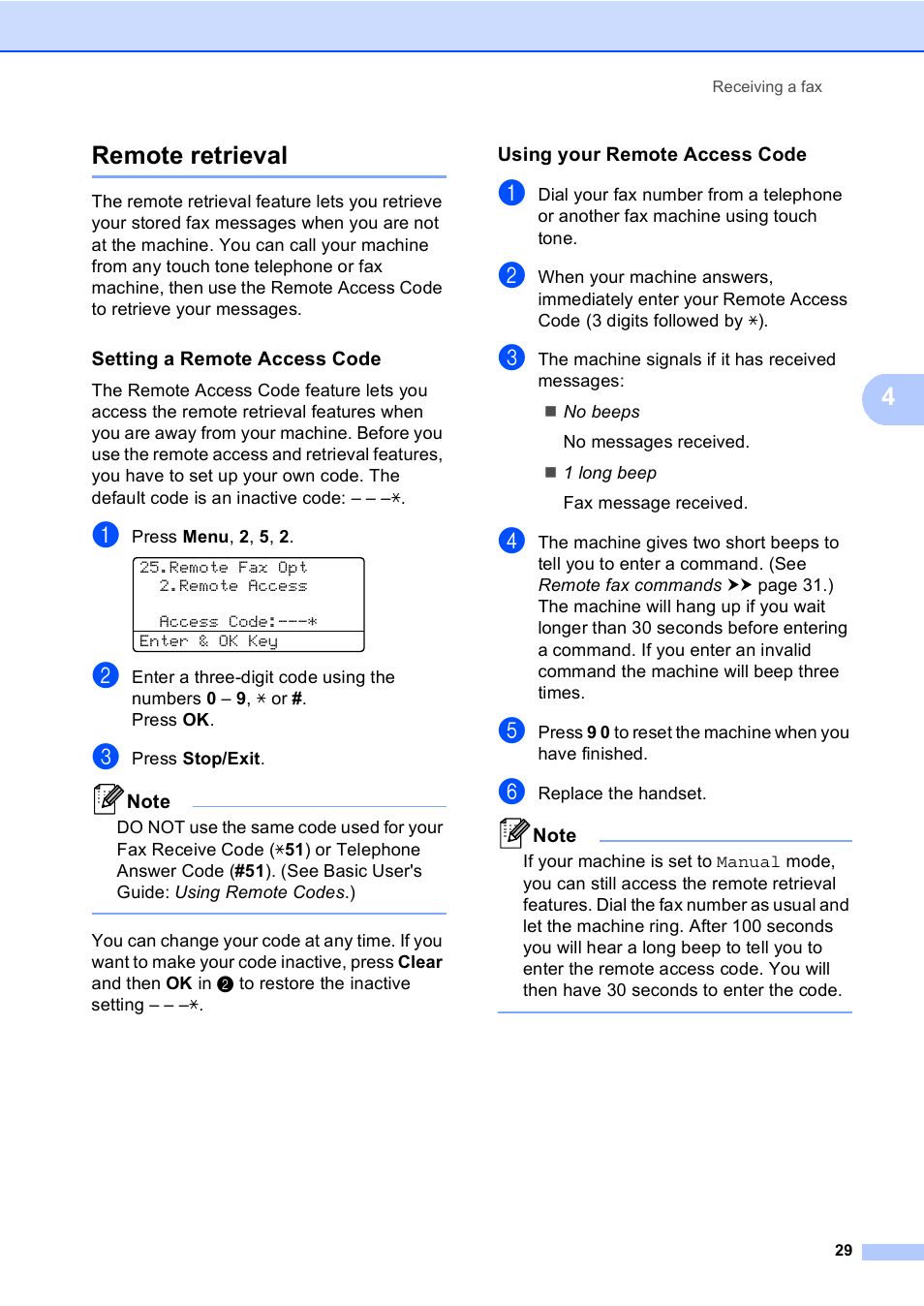 Remote retrieval, Setting a remote access code, Using your remote access code | 4remote retrieval | Brother MFC-8710DW User Manual | Page 37 / 93