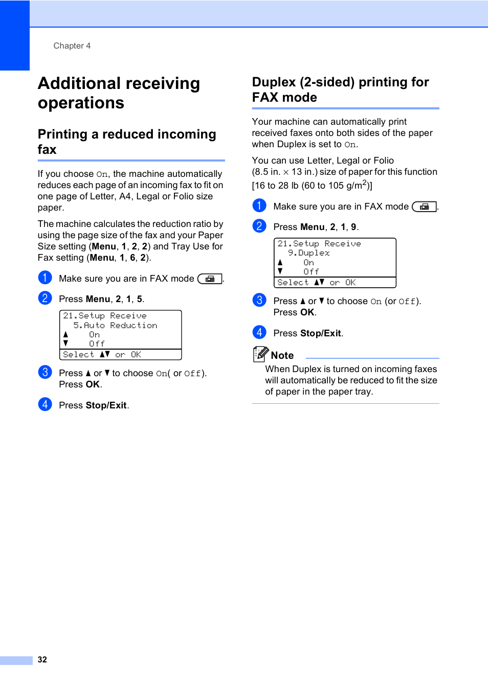 Additional receiving operations, Printing a reduced incoming fax, Duplex (2-sided) printing for fax mode | Brother MFC-8710DW User Manual | Page 40 / 93