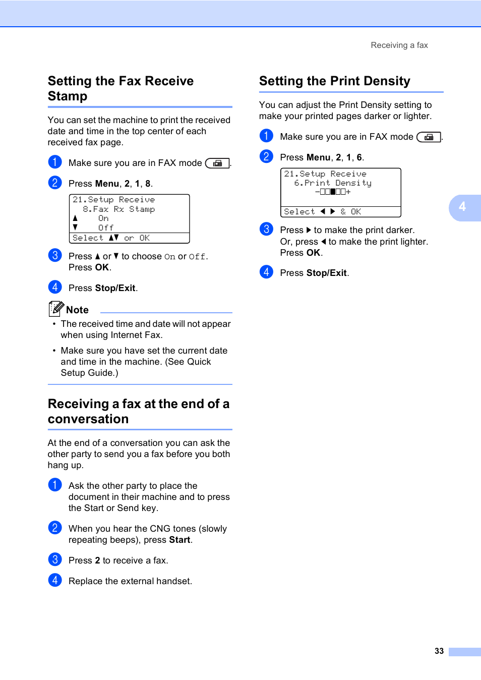 Setting the fax receive stamp, Receiving a fax at the end of a conversation, Setting the print density | 4setting the fax receive stamp | Brother MFC-8710DW User Manual | Page 41 / 93