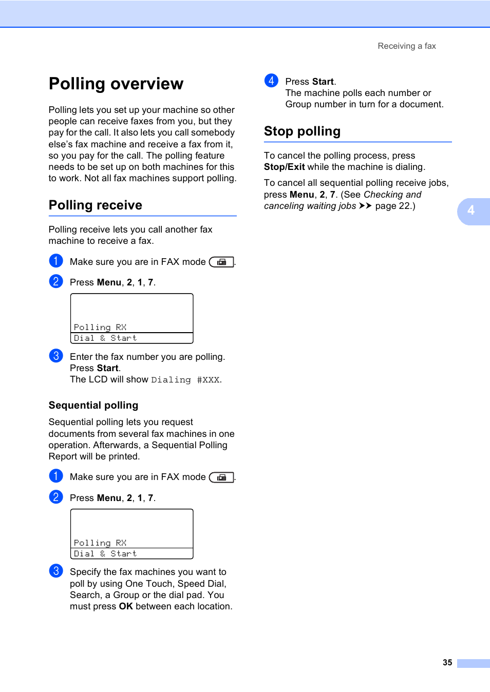Polling overview, Polling receive, Sequential polling | Stop polling, Polling receive stop polling | Brother MFC-8710DW User Manual | Page 43 / 93