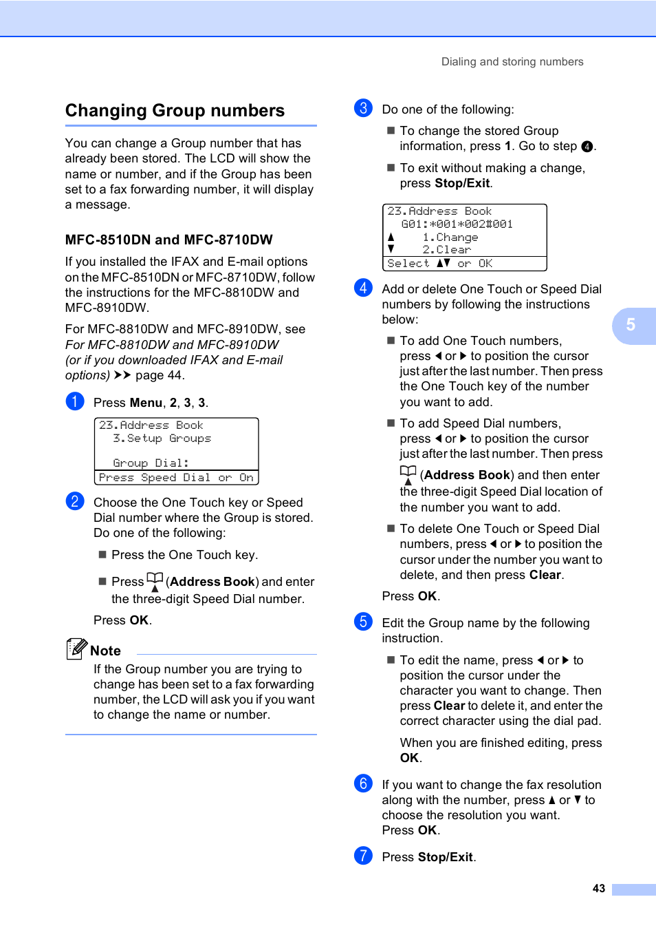 Changing group numbers, Mfc-8510dn and mfc-8710dw, 5changing group numbers | Brother MFC-8710DW User Manual | Page 51 / 93