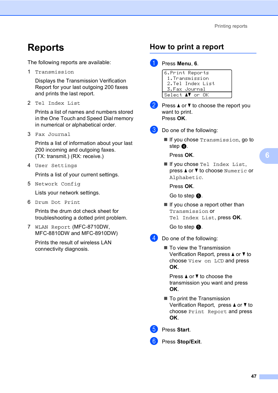 Reports, How to print a report | Brother MFC-8710DW User Manual | Page 55 / 93