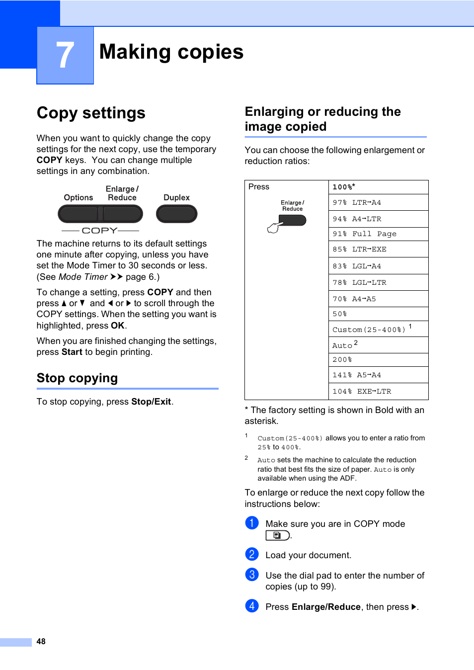7 making copies, Copy settings, Stop copying | Enlarging or reducing the image copied, Making copies | Brother MFC-8710DW User Manual | Page 56 / 93