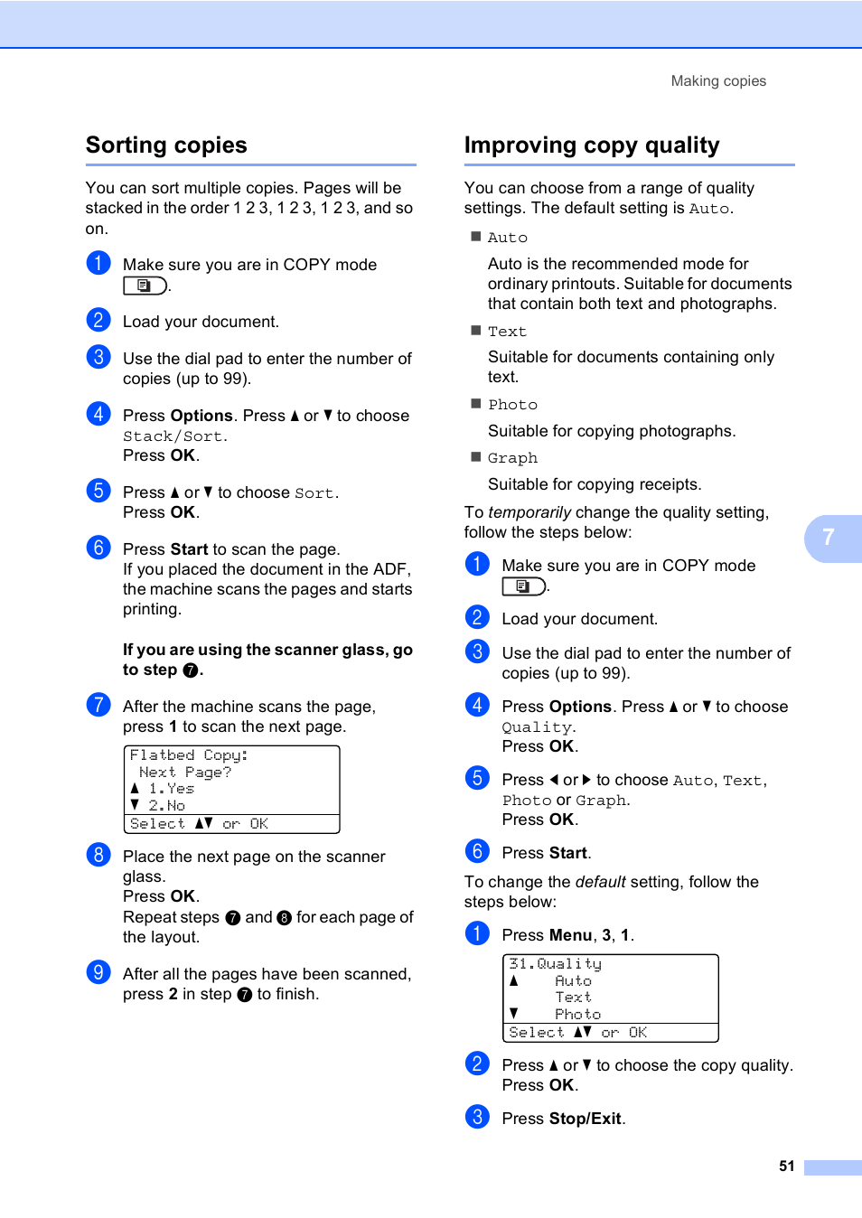 Sorting copies, Improving copy quality, Sorting copies improving copy quality | 7sorting copies | Brother MFC-8710DW User Manual | Page 59 / 93