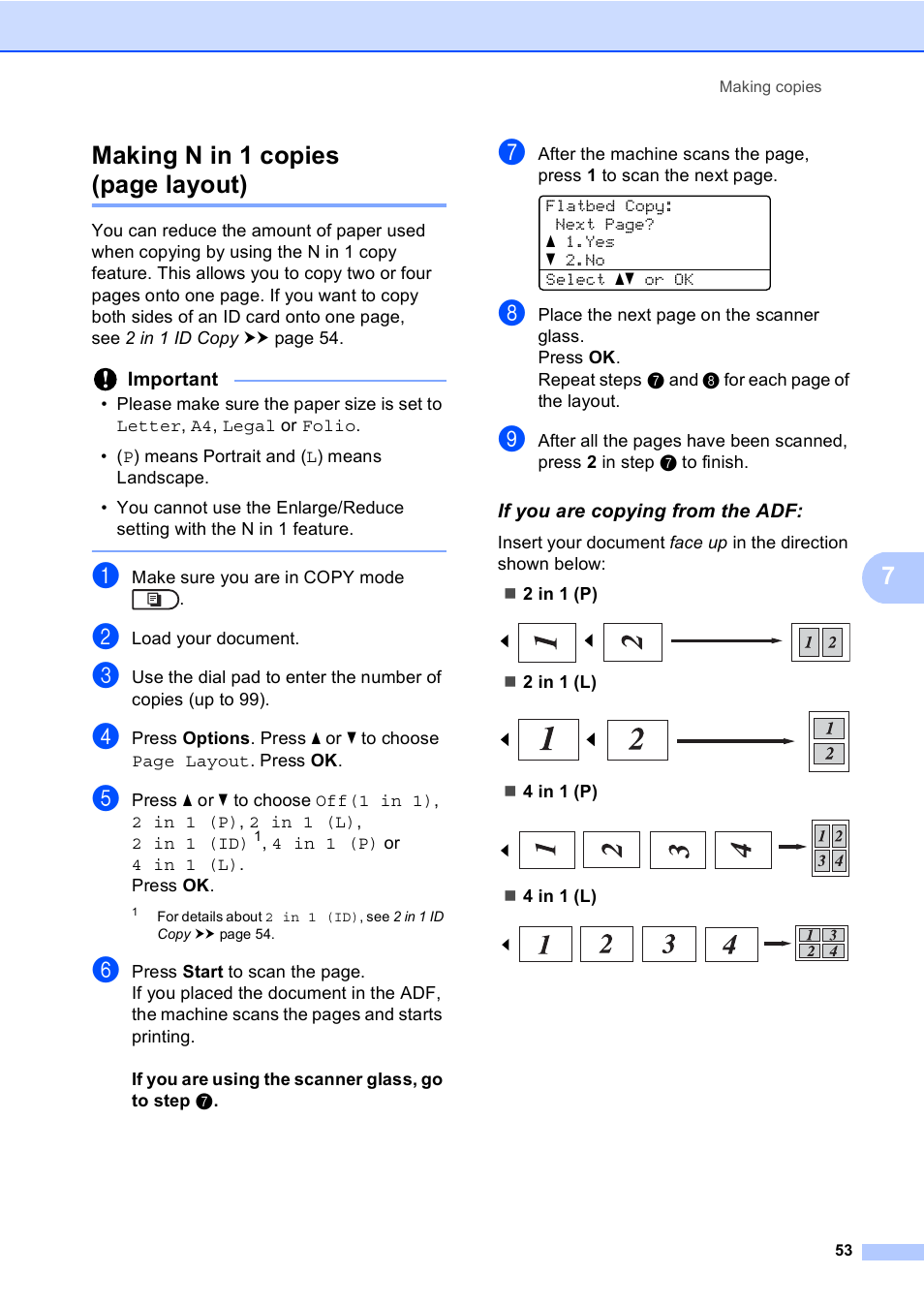 If you are copying from the adf, 7making n in 1 copies (page layout) | Brother MFC-8710DW User Manual | Page 61 / 93