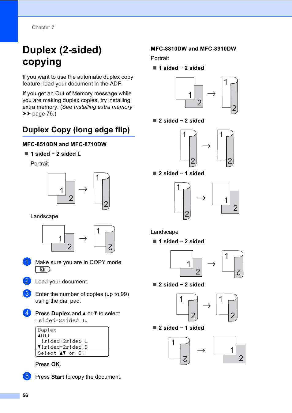 Duplex (2-sided) copying, Duplex copy (long edge flip) | Brother MFC-8710DW User Manual | Page 64 / 93