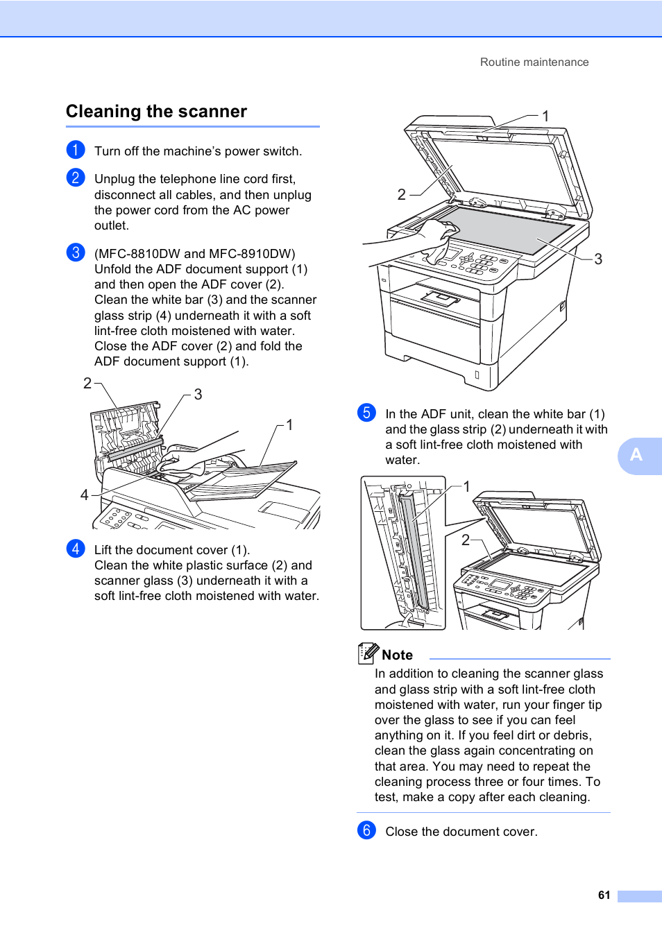 Cleaning the scanner, Acleaning the scanner | Brother MFC-8710DW User Manual | Page 69 / 93