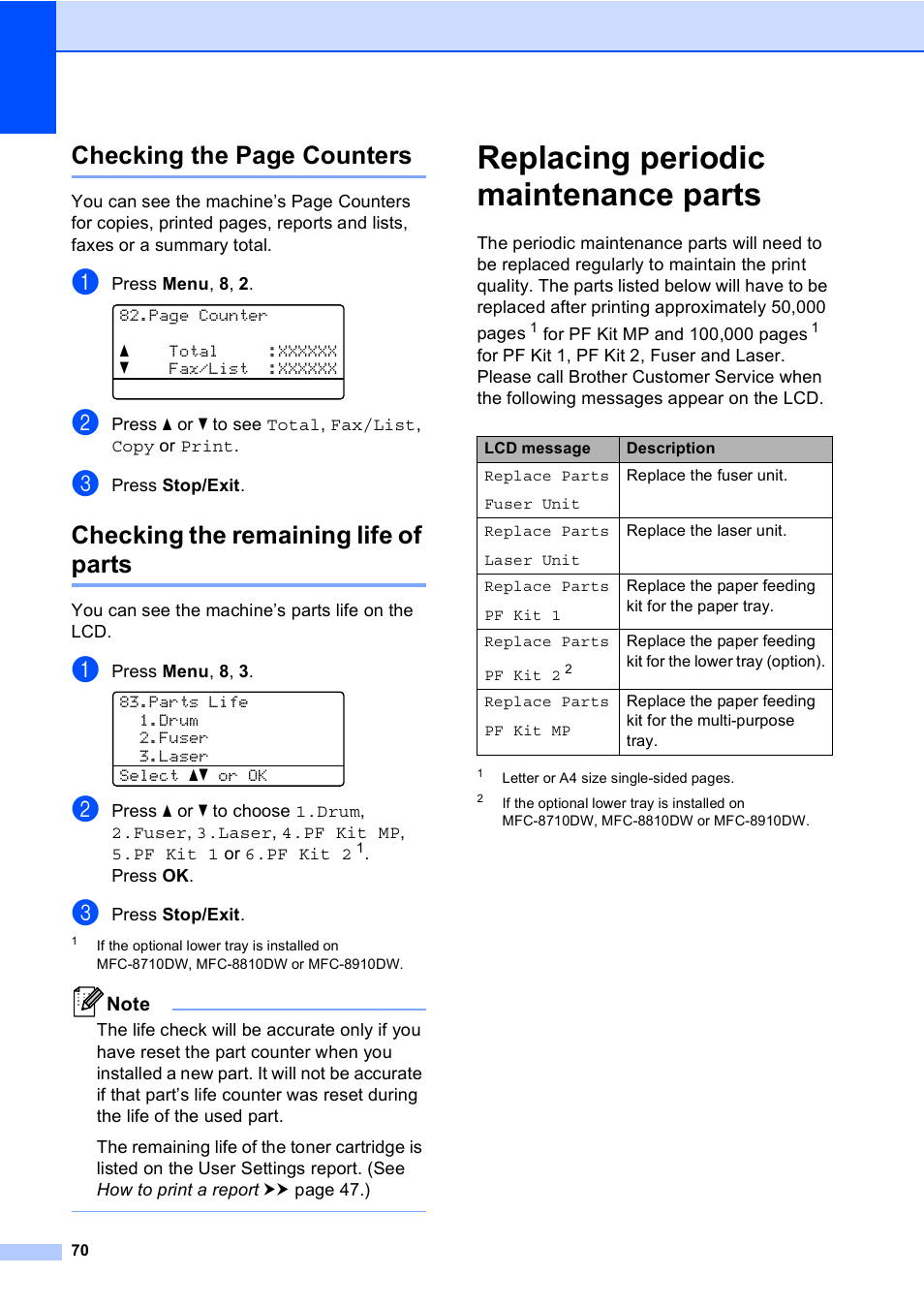 Checking the remaining life of parts, Replacing periodic maintenance parts, Checking the page counters | Brother MFC-8710DW User Manual | Page 78 / 93