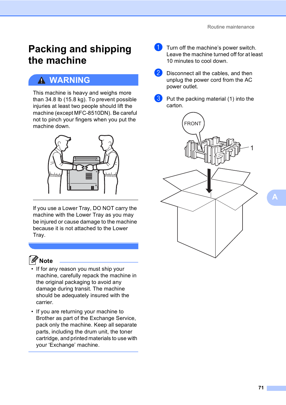 Packing and shipping the machine, Warning | Brother MFC-8710DW User Manual | Page 79 / 93