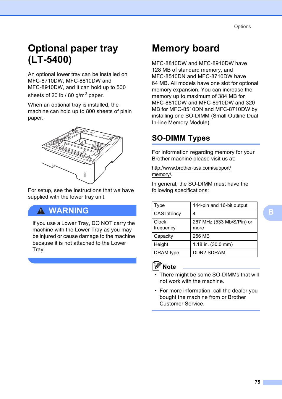 Optional paper tray (lt-5400), Memory board, So-dimm types | Optional paper tray (lt-5400) memory board, Warning | Brother MFC-8710DW User Manual | Page 83 / 93
