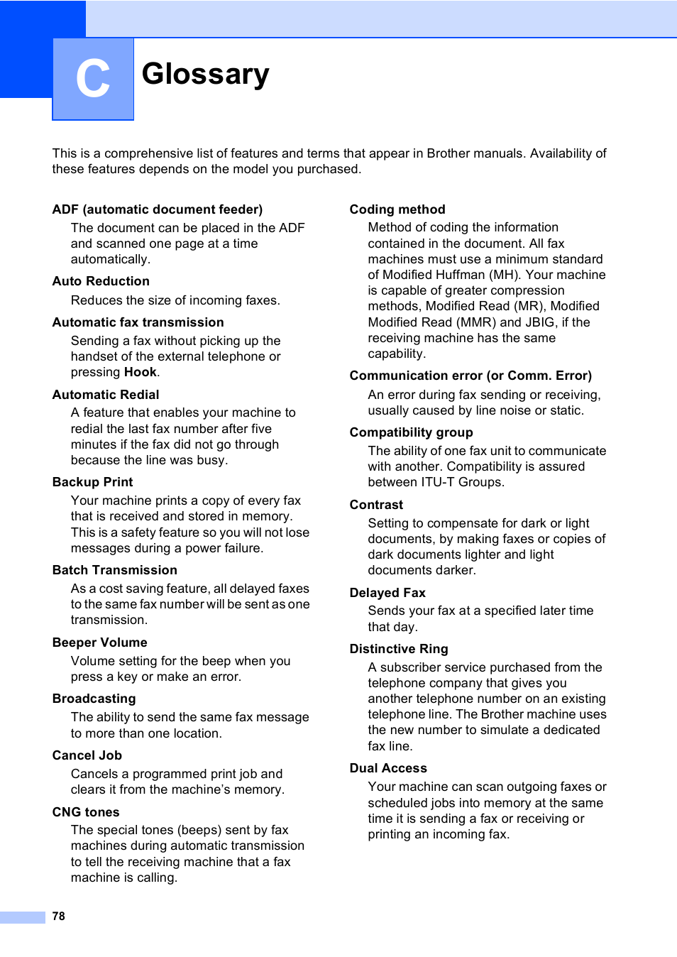 C glossary, Glossary | Brother MFC-8710DW User Manual | Page 86 / 93