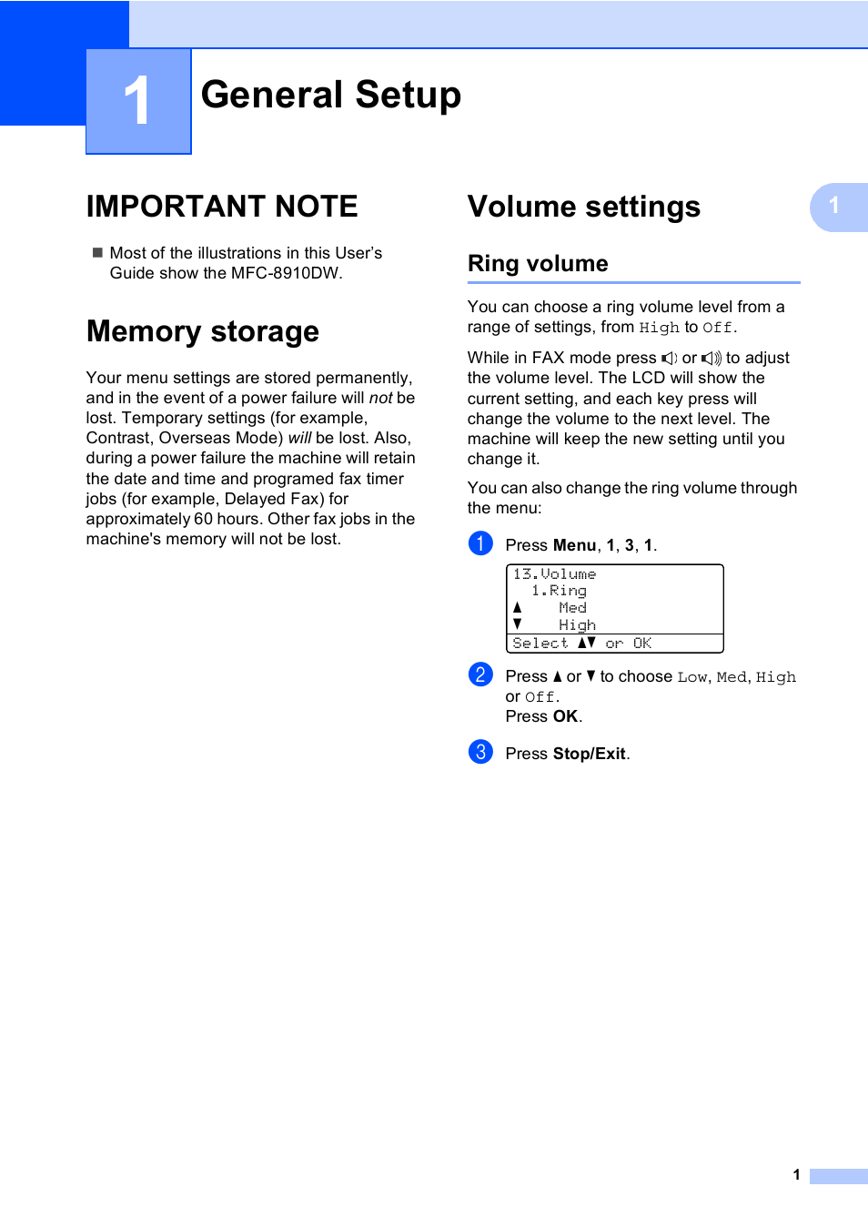 1 general setup, Important note, Memory storage | Volume settings, Ring volume, General setup, Important note memory storage volume settings | Brother MFC-8710DW User Manual | Page 9 / 93