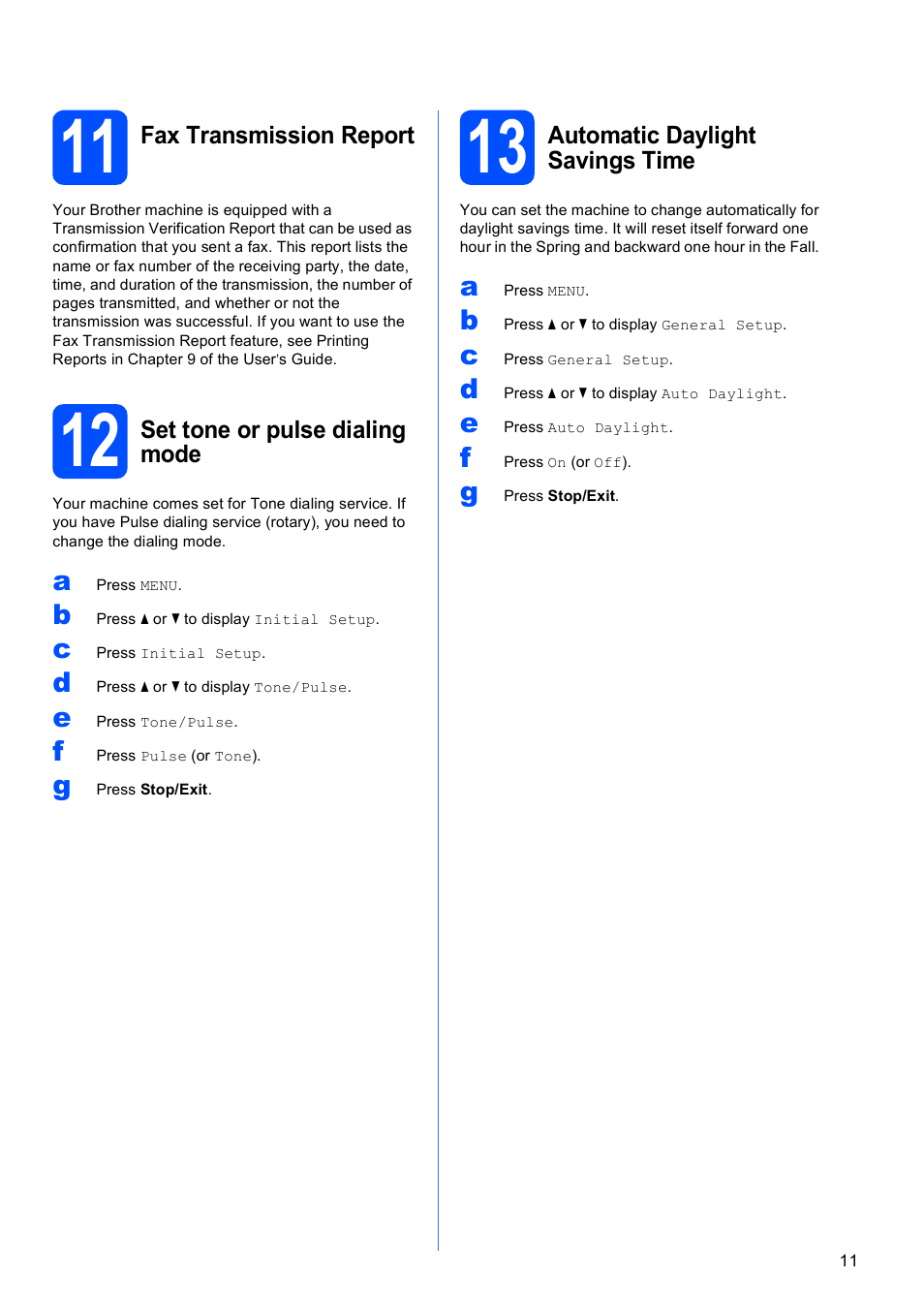 11 fax transmission report, 12 set tone or pulse dialing mode, 13 automatic daylight savings time | Brother MFC 6890CDW User Manual | Page 11 / 48