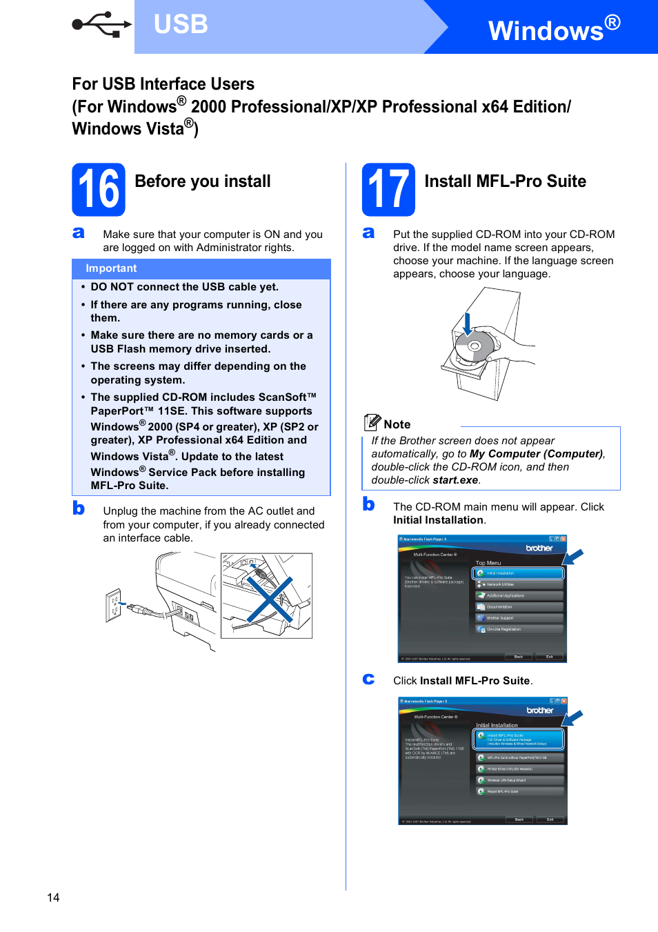 16 before you install, 17 install mfl-pro suite, Windows | Brother MFC 6890CDW User Manual | Page 14 / 48