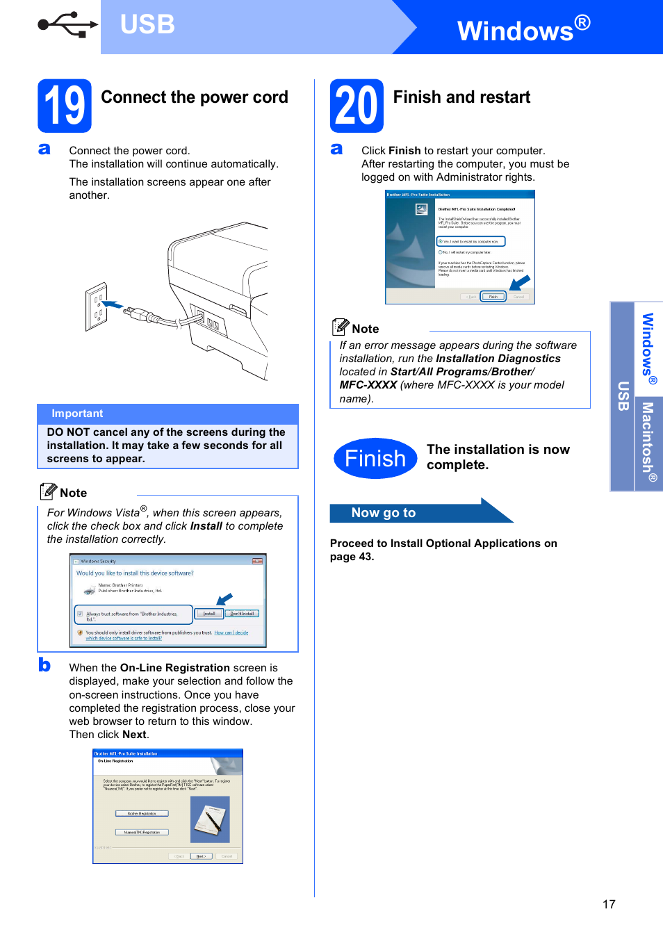 19 connect the power cord, 20 finish and restart, Windows | Finish | Brother MFC 6890CDW User Manual | Page 17 / 48