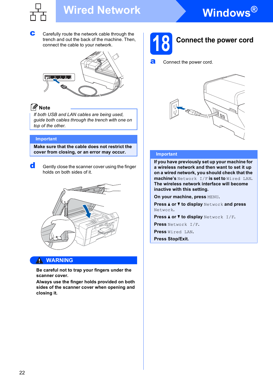 18 connect the power cord, Windows, Wired network | Brother MFC 6890CDW User Manual | Page 22 / 48