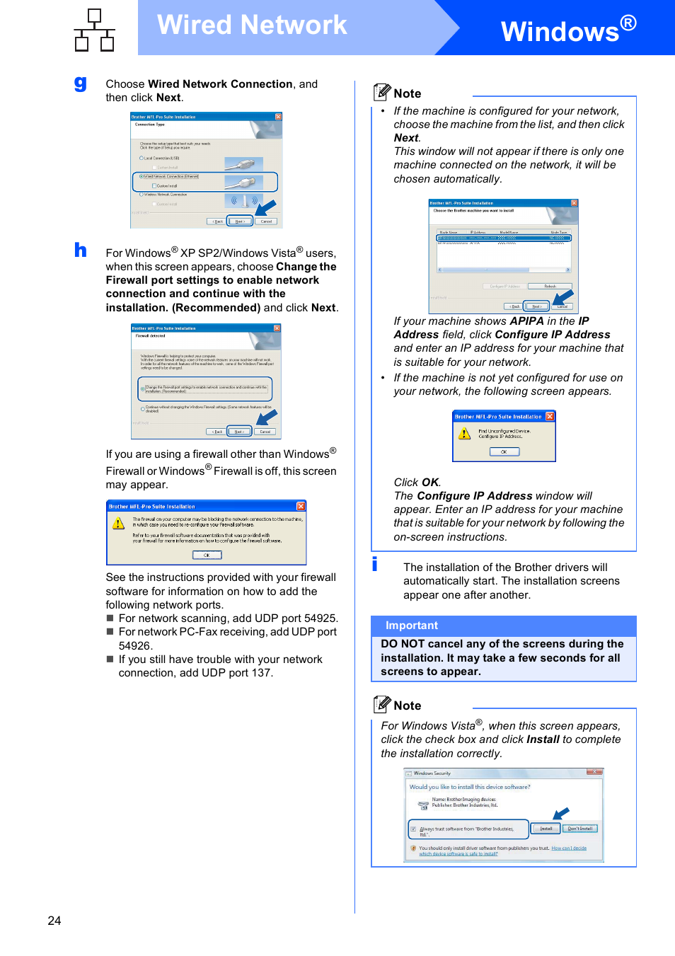 Windows, Wired network | Brother MFC 6890CDW User Manual | Page 24 / 48