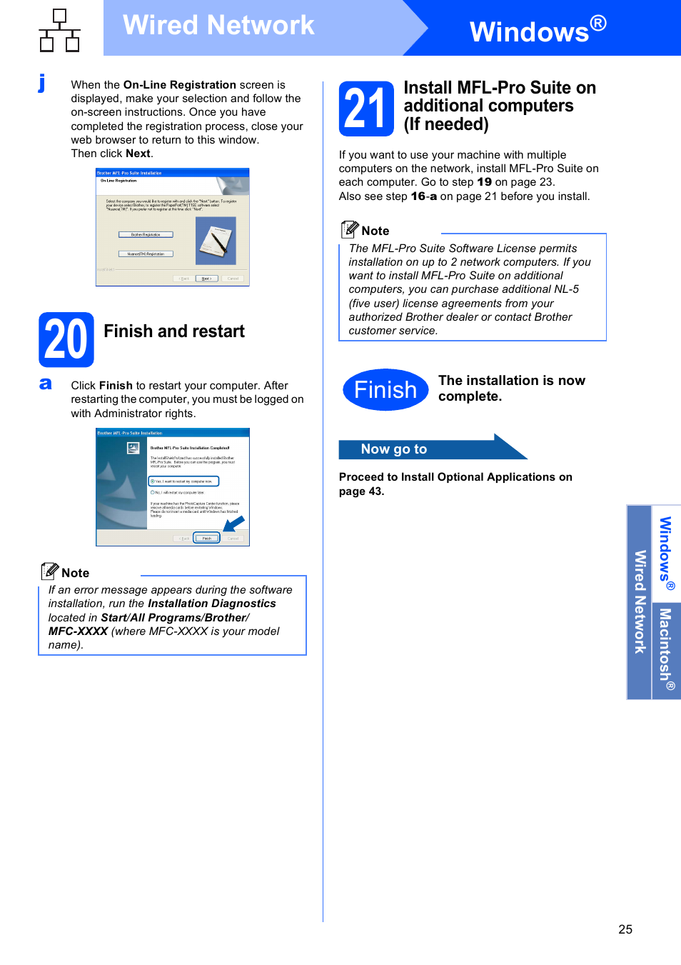 20 finish and restart, Windows, Wired network | Finish | Brother MFC 6890CDW User Manual | Page 25 / 48