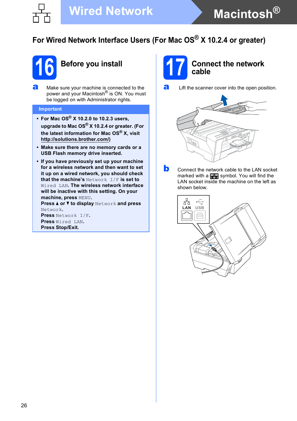16 before you install, 17 connect the network cable, Macintosh | Wired network, For wired network interface users (for mac os, X 10.2.4 or greater), Before you install, Connect the network cable | Brother MFC 6890CDW User Manual | Page 26 / 48
