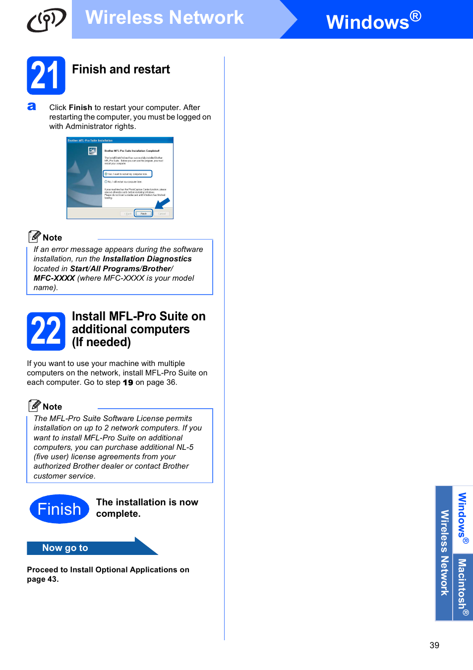 21 finish and restart, Windows, Wireless network | Finish | Brother MFC 6890CDW User Manual | Page 39 / 48