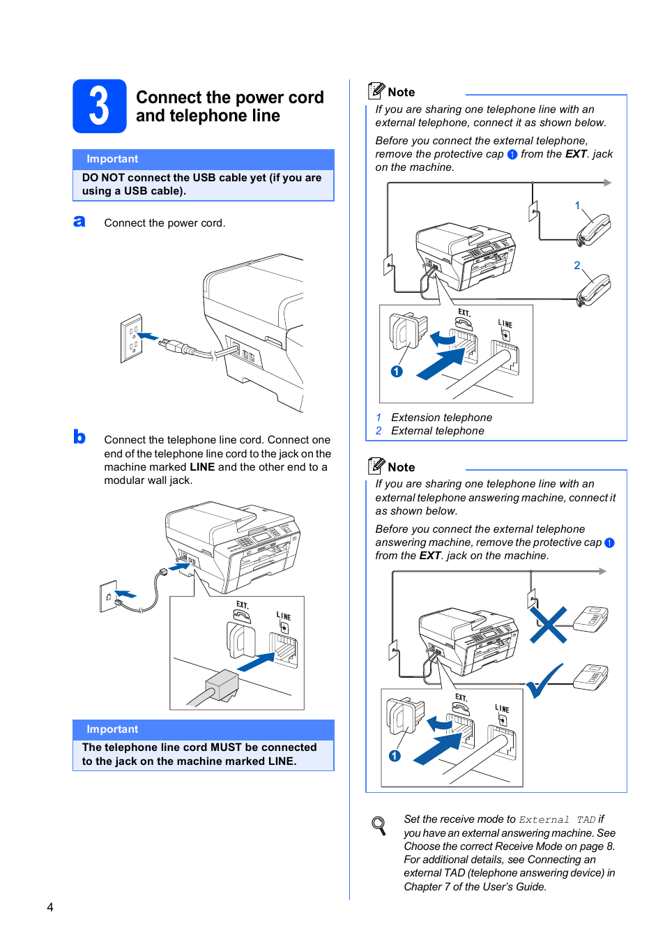 3 connect the power cord and telephone line, Connect the power cord and telephone line | Brother MFC 6890CDW User Manual | Page 4 / 48