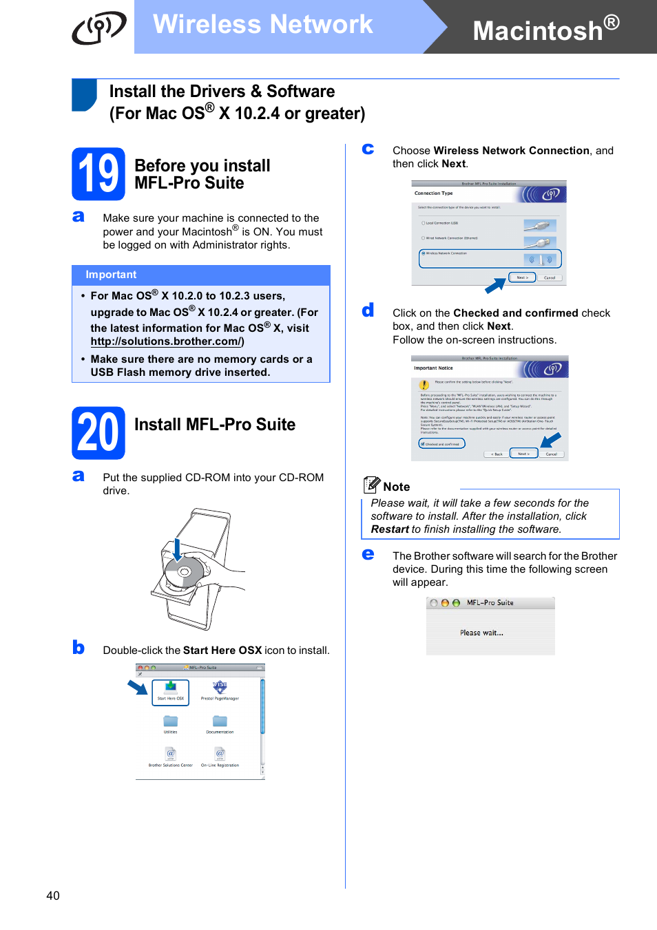 19 before you install mfl-pro suite, 20 install mfl-pro suite, E 40 | Macintosh, Wireless network, Install the drivers & software (for mac os, X 10.2.4 or greater), Before you install mfl-pro suite, Install mfl-pro suite | Brother MFC 6890CDW User Manual | Page 40 / 48