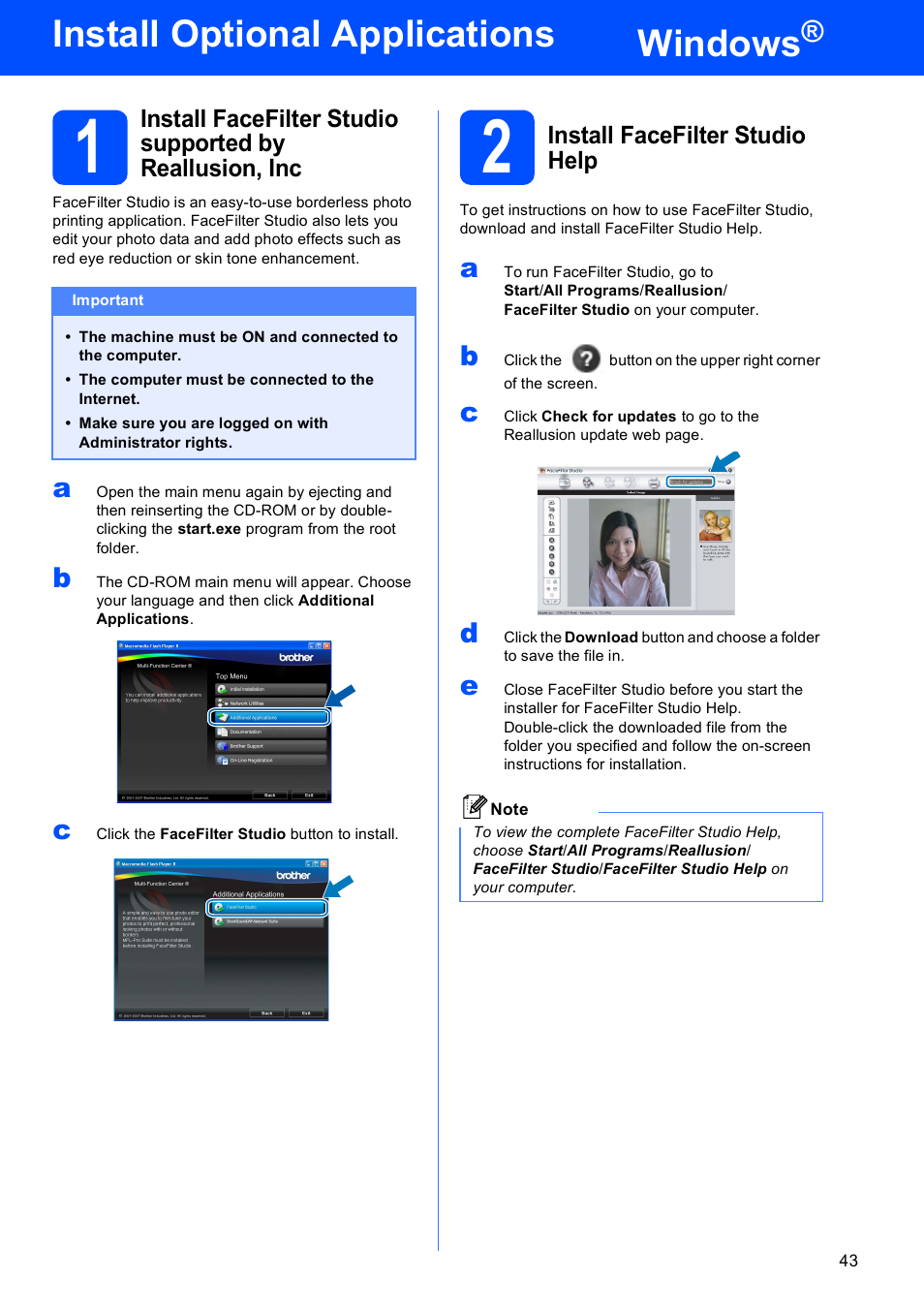 Install optional applications windows, 2 install facefilter studio help, Windows | Install optional applications | Brother MFC 6890CDW User Manual | Page 43 / 48