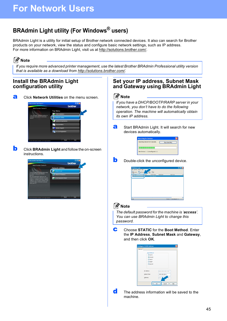 For network users, Bradmin light utility (for windows® users), Install the bradmin light configuration utility | Bradmin light utility (for windows, Users) | Brother MFC 6890CDW User Manual | Page 45 / 48