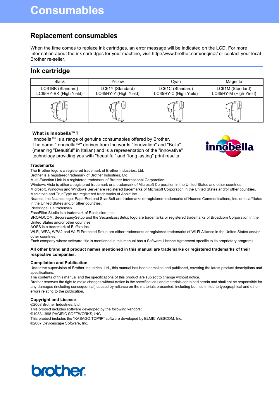 Consumables, Replacement consumables, Ink cartridge | Brother usa/can | Brother MFC 6890CDW User Manual | Page 48 / 48