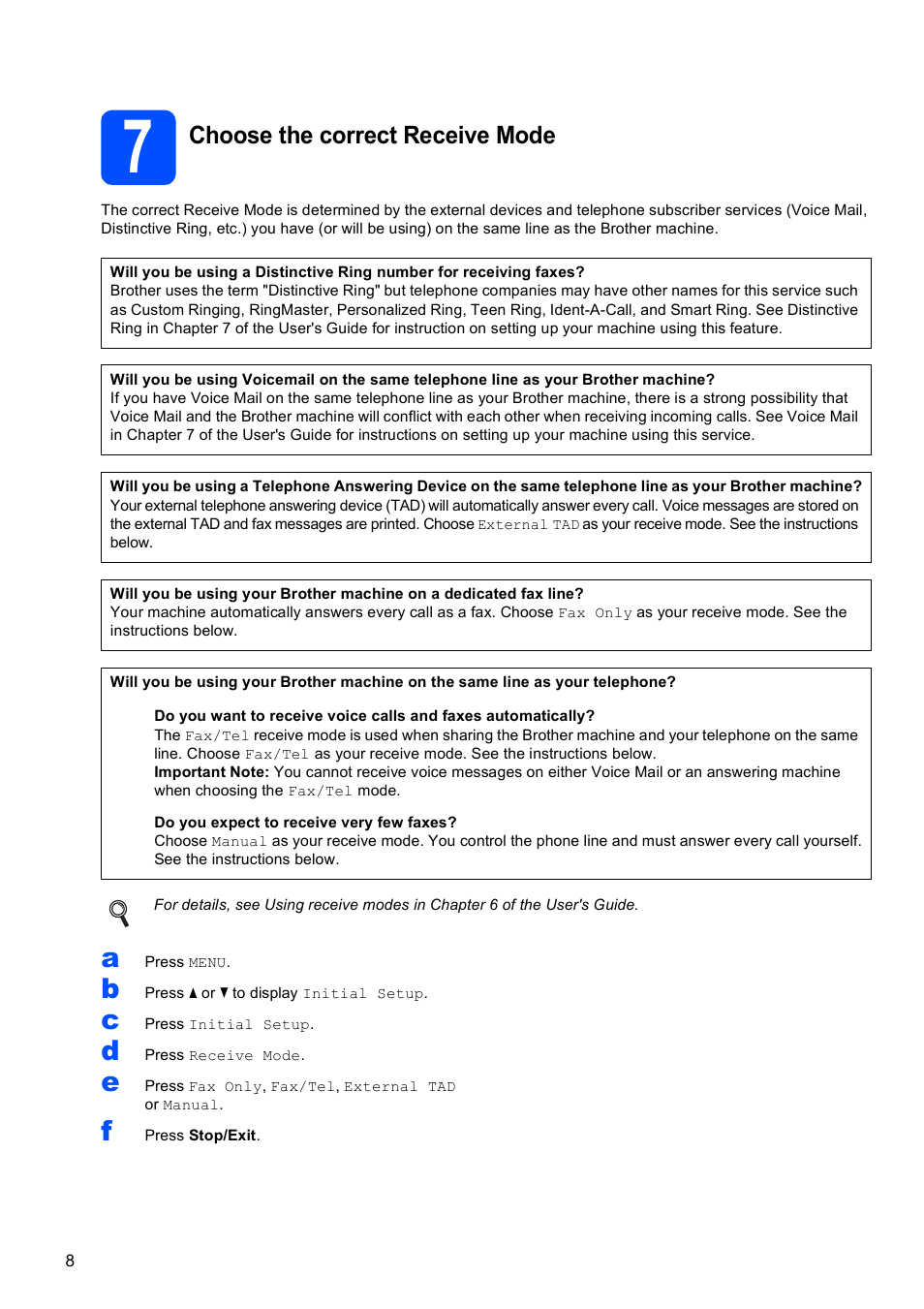 7 choose the correct receive mode, Choose the correct receive mode | Brother MFC 6890CDW User Manual | Page 8 / 48